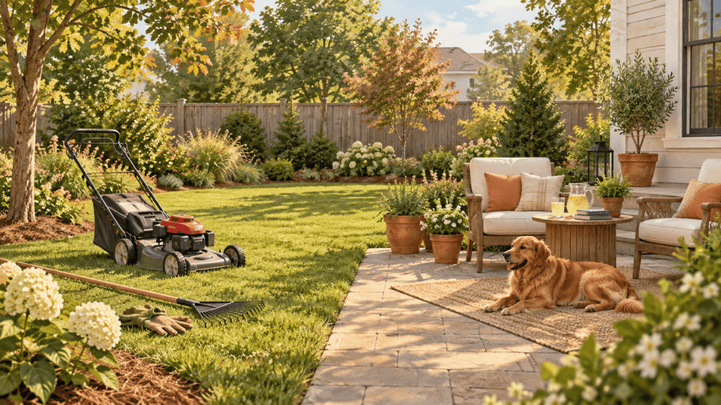 Townhome or Single-Family Home in Gastonia? 6 Questions to Help You Choose | Lawn mower and dog in garden